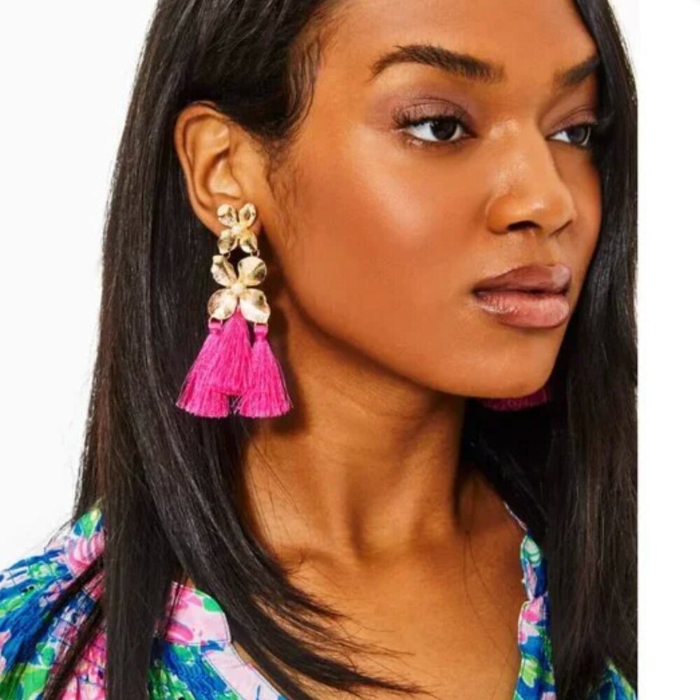 LILLY PULITZER Via Flora Roxie Pink Gold Orchid Tassel Earrings - Picture 2 of 8